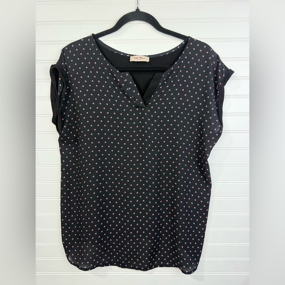Full Moon Maternity black tiny print shirt. Size M